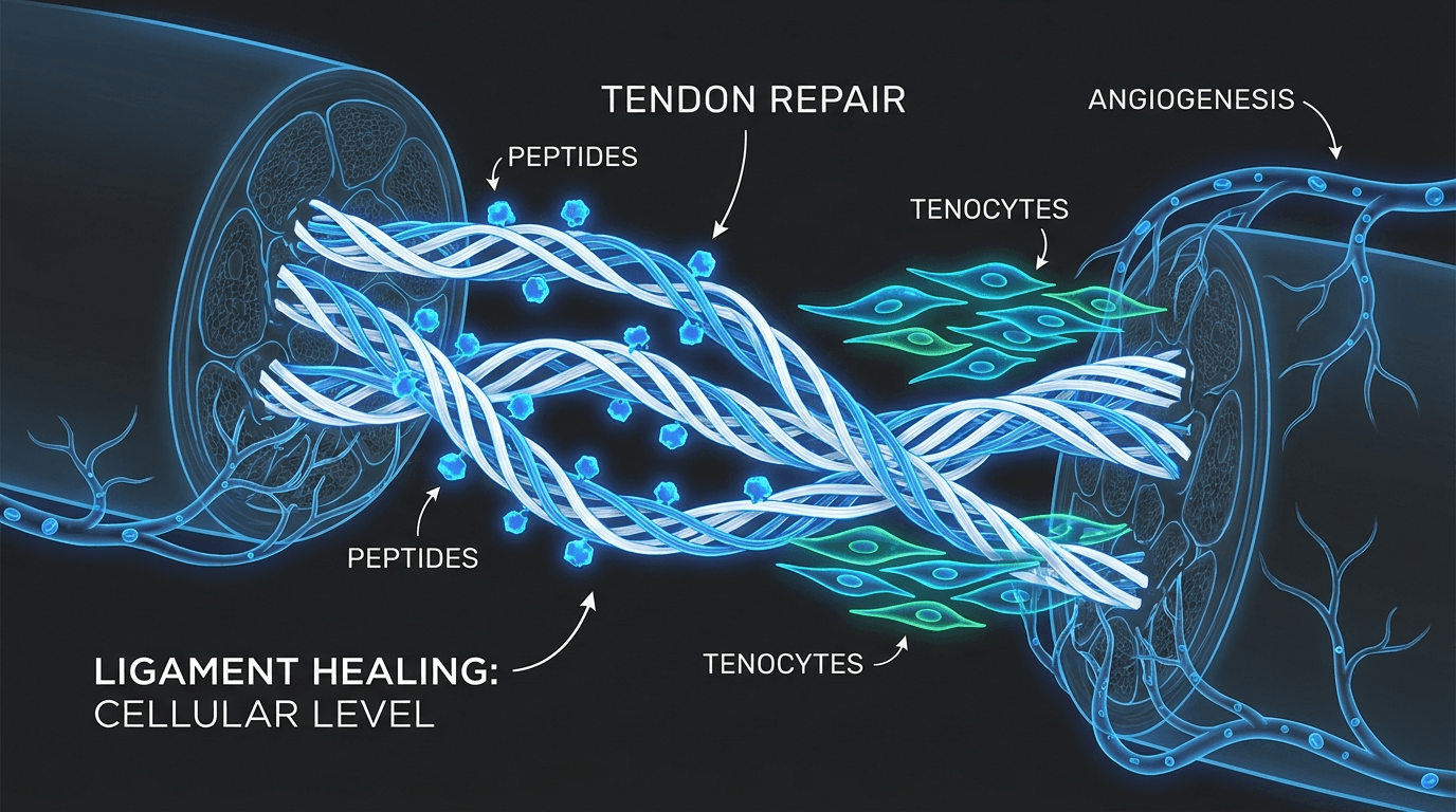 Cellular tissue repair visualization — collagen fibers rebuilding with peptide assistance