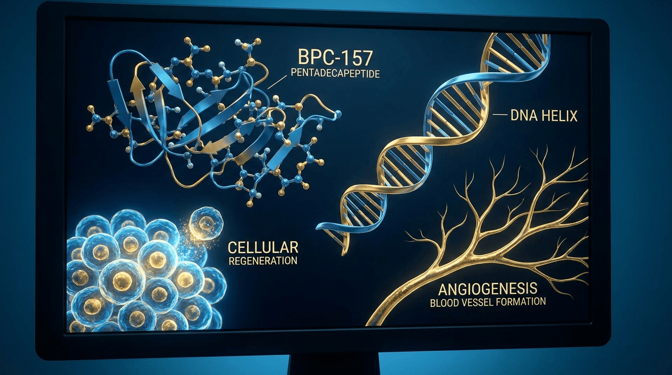 BPC-157 molecular structure and angiogenesis visualization — cellular healing mechanism