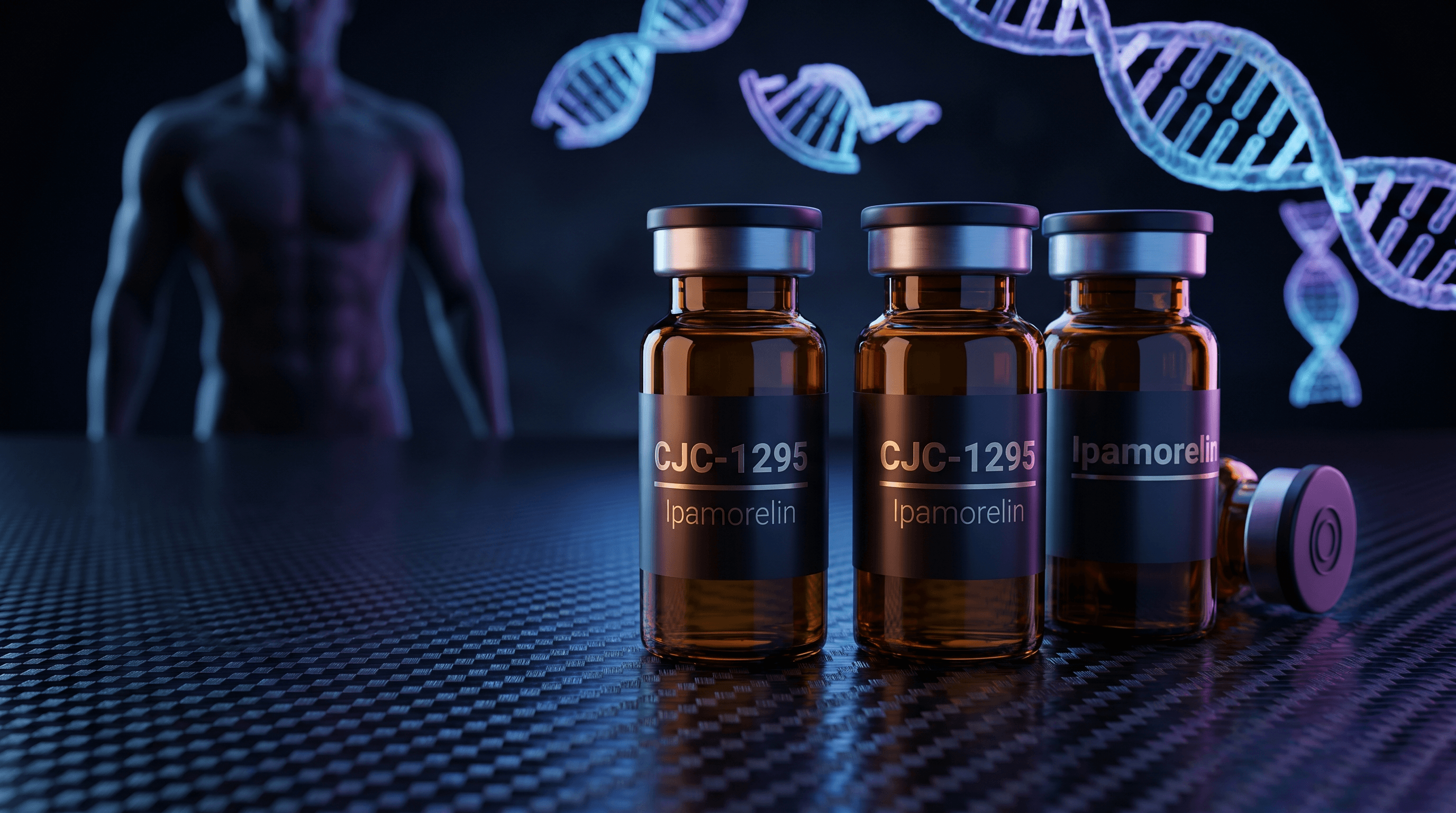 CJC-1295 and Ipamorelin peptide vials with molecular helix structures — growth hormone secretagogue stack