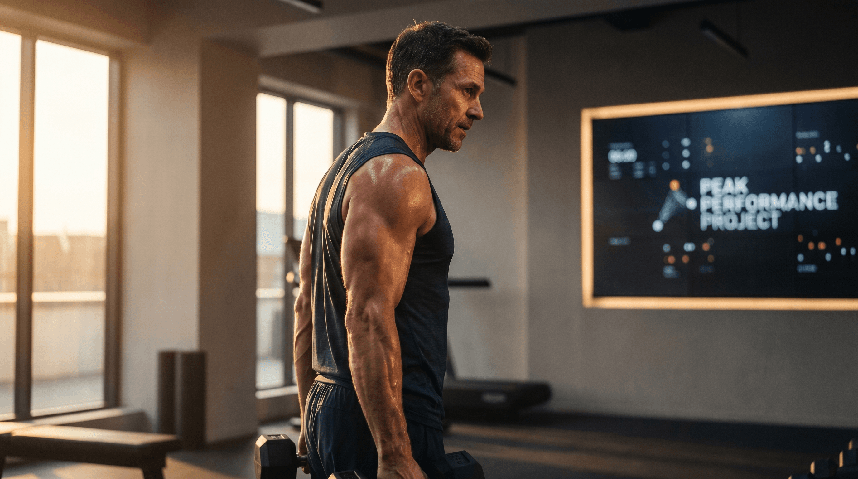 Fit athletic person in their 40s at the gym — optimized growth hormone and peak performance through peptide research