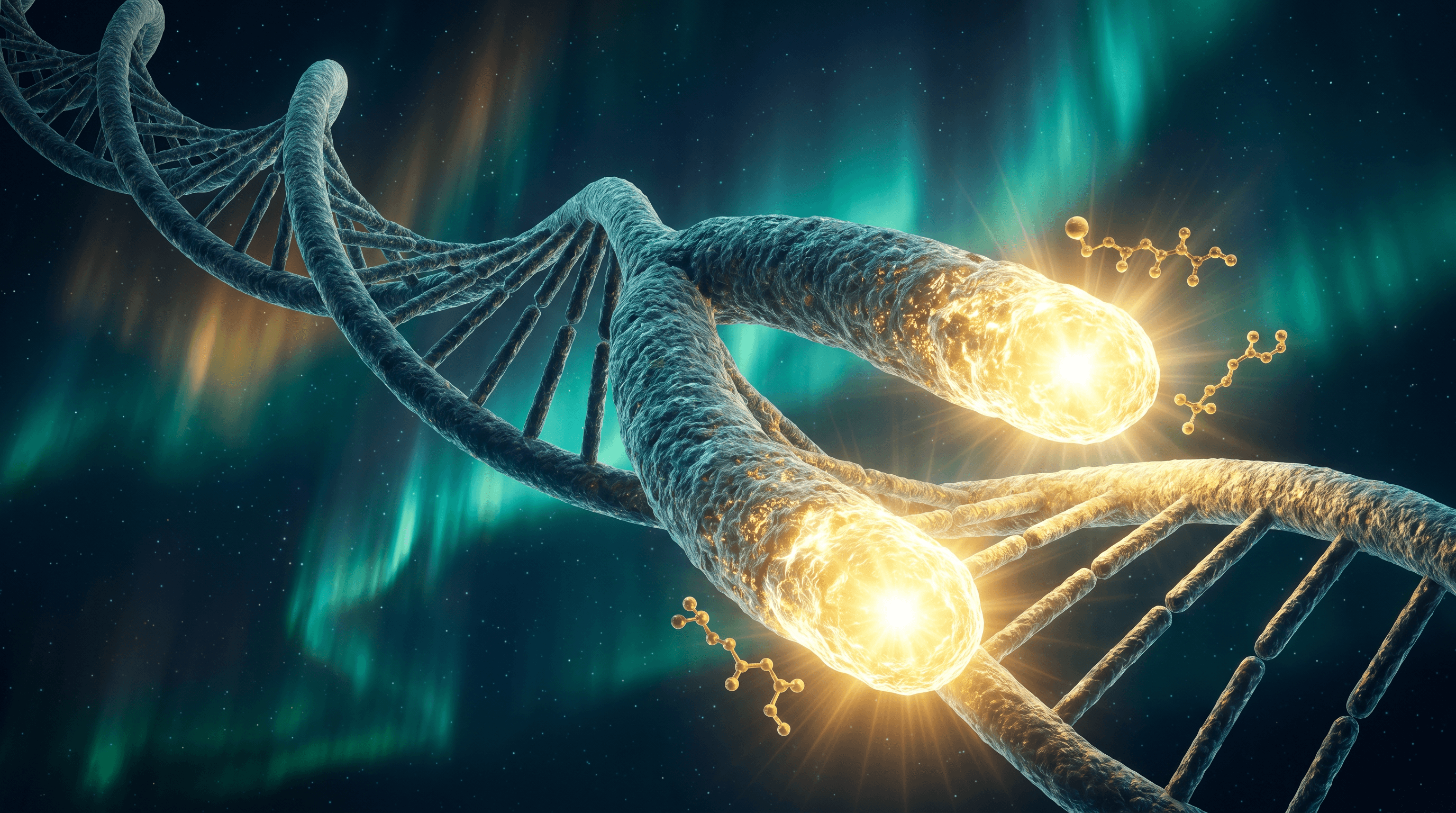 DNA double helix with glowing telomere caps at chromosome ends — Epithalon anti-aging longevity visualization