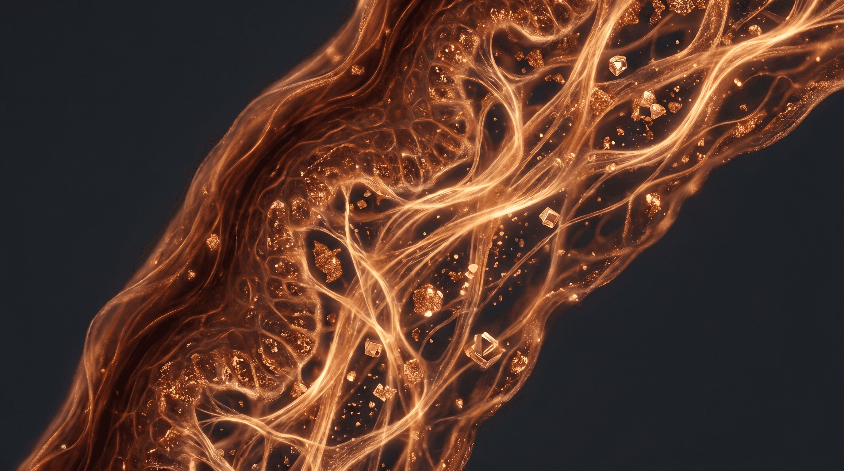 Microscopic skin collagen fibers with copper-gold GHK-Cu peptide molecules integrating into tissue