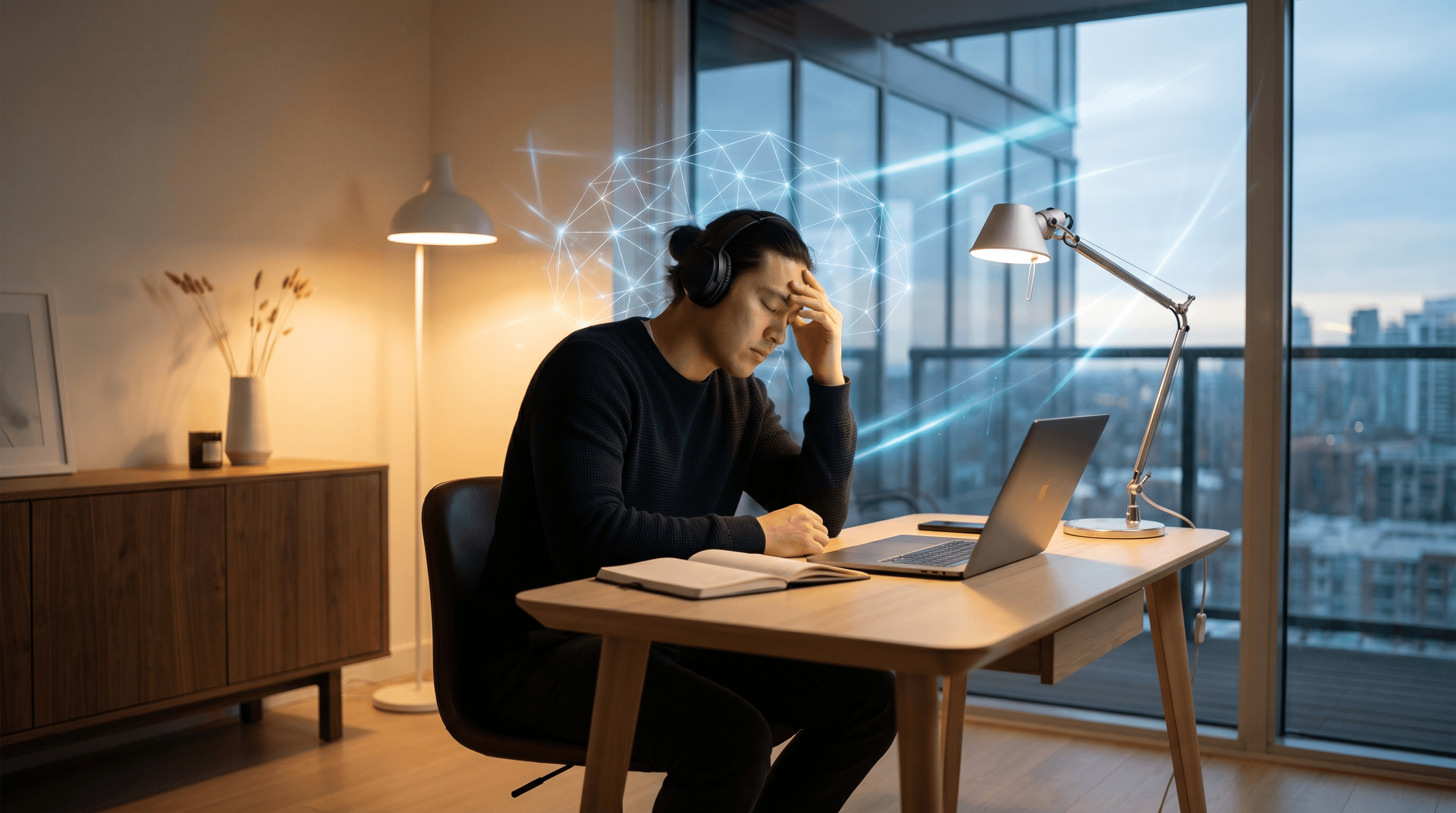 Person in deep focused cognitive work with neural network overlay — enhanced brain performance