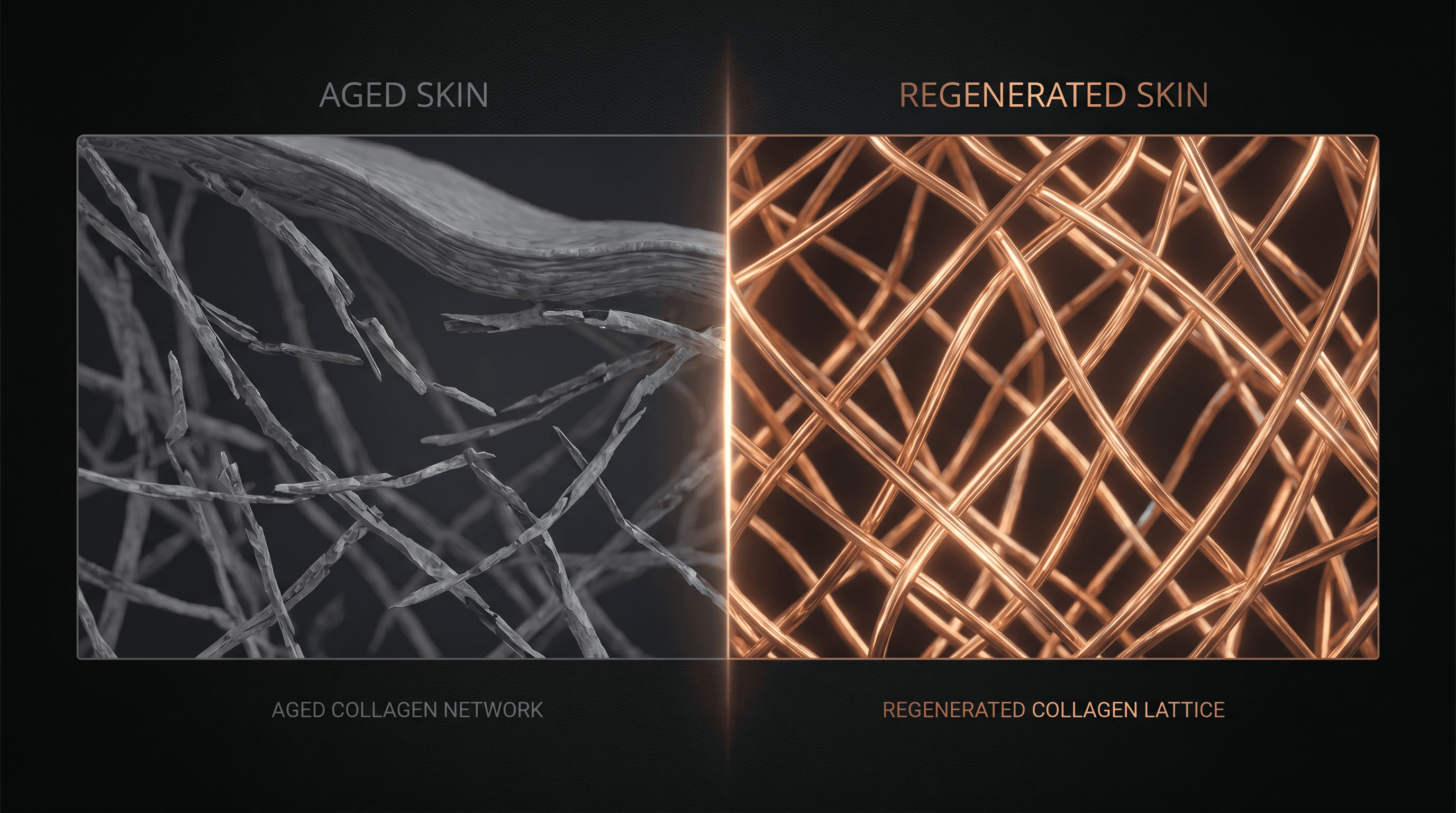 Split-screen comparison of aged skin collagen vs regenerated copper-rich collagen lattice structure
