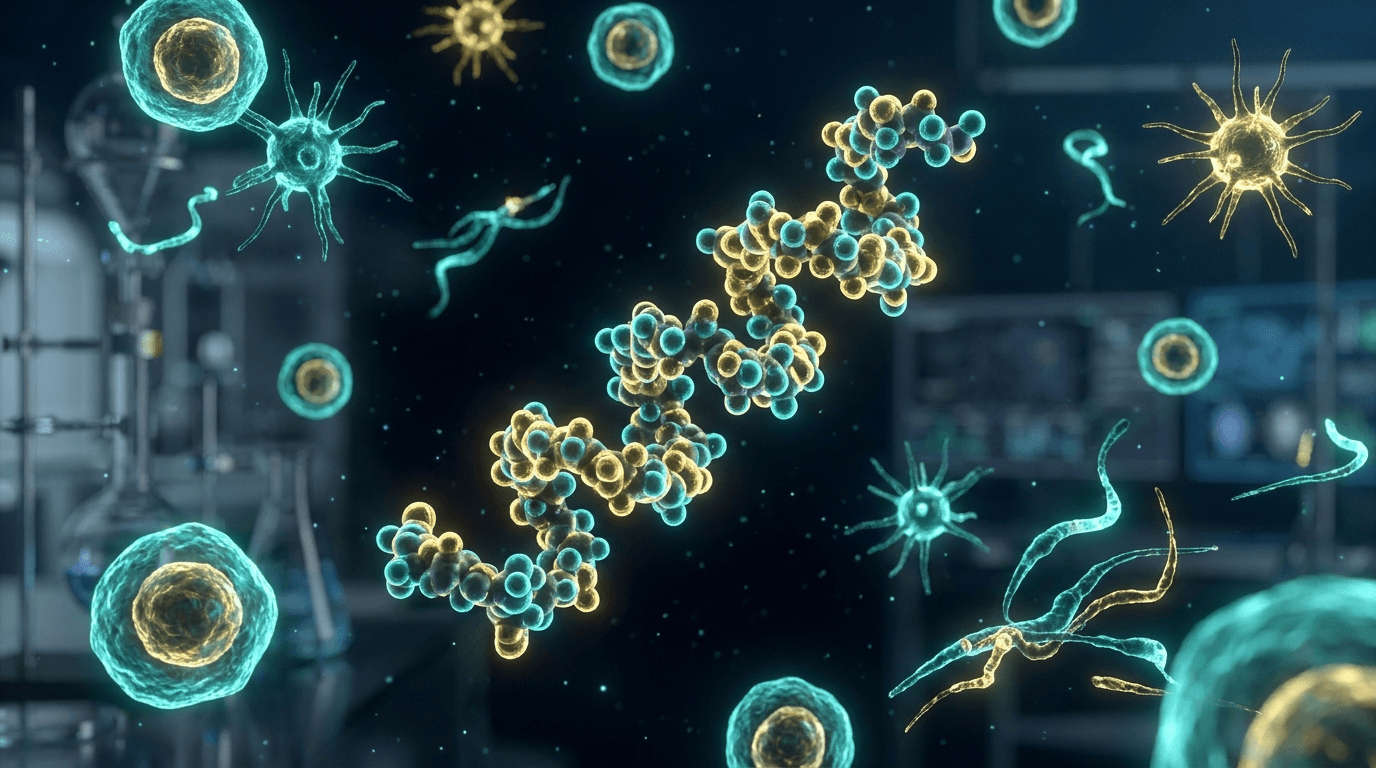 SS-31 elamipretide peptide molecular structure floating in deep space with glowing mitochondrial cells — mitochondria-targeted longevity peptide research