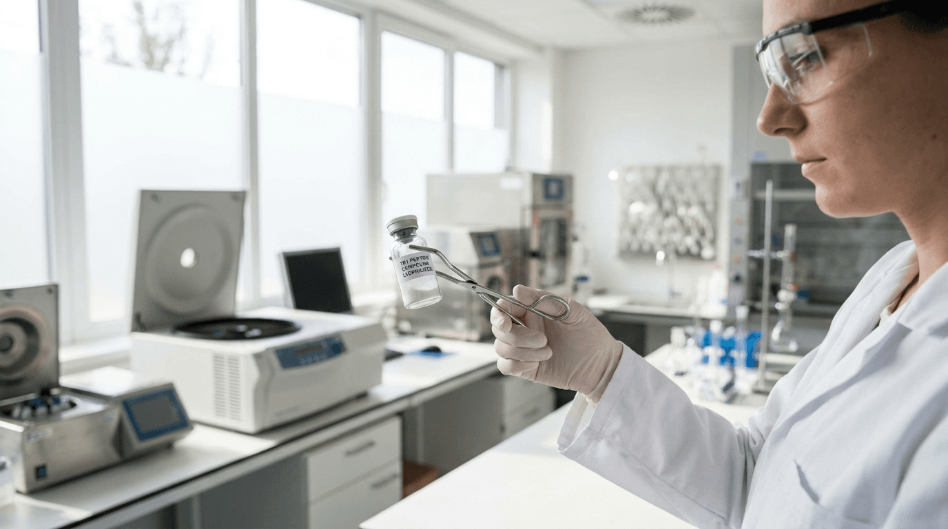 Pharmaceutical scientist handling research peptide vials in a laboratory — elamipretide SS-31 research compound preparation