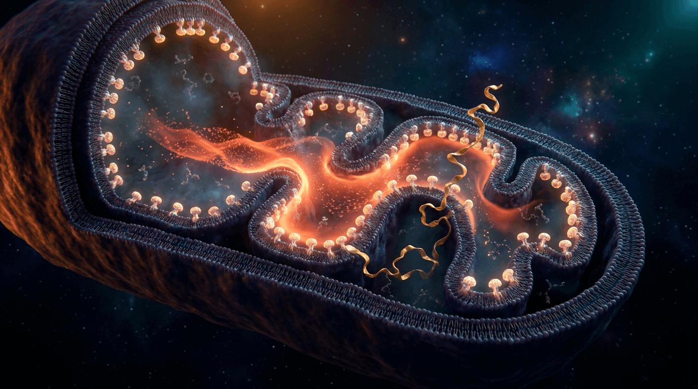 Mitochondrion cross-section with cristae and ATP synthase complexes — SS-31 elamipretide cardiolipin binding mechanism visualization