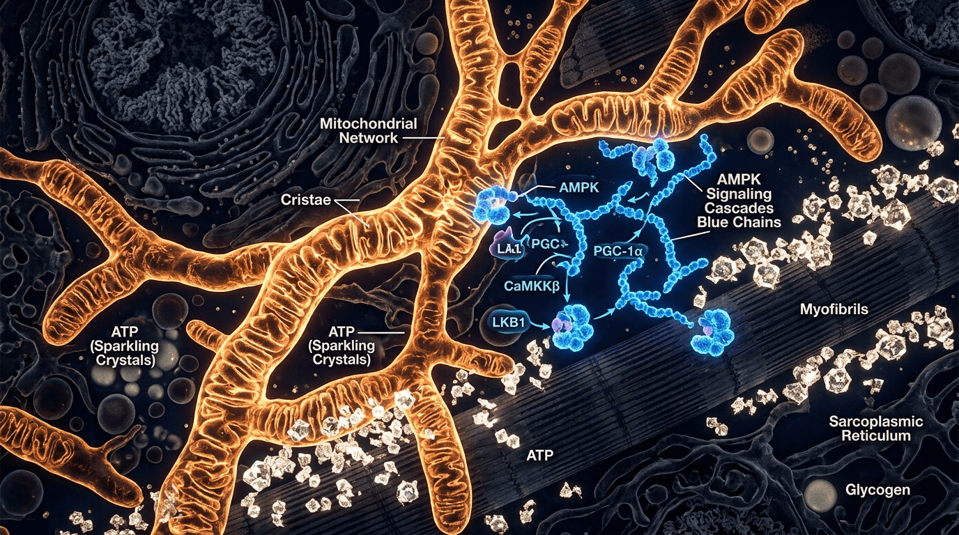 AMPK signaling cascades and ATP energy pathways inside a human muscle cell mitochondria network