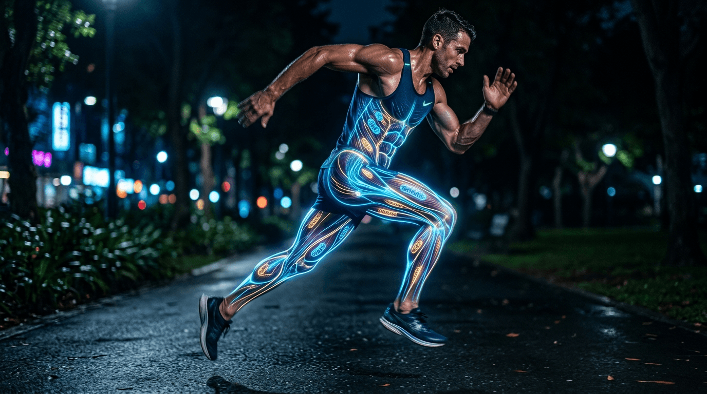 Athletic runner with glowing mitochondrial energy pathways visible through muscles — exercise mimetic MOTS-c visualization