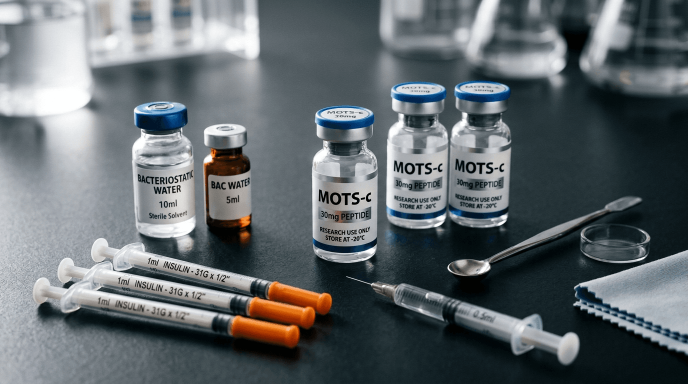 Research peptide vials including MOTS-c with bacteriostatic water and insulin syringes on dark laboratory surface