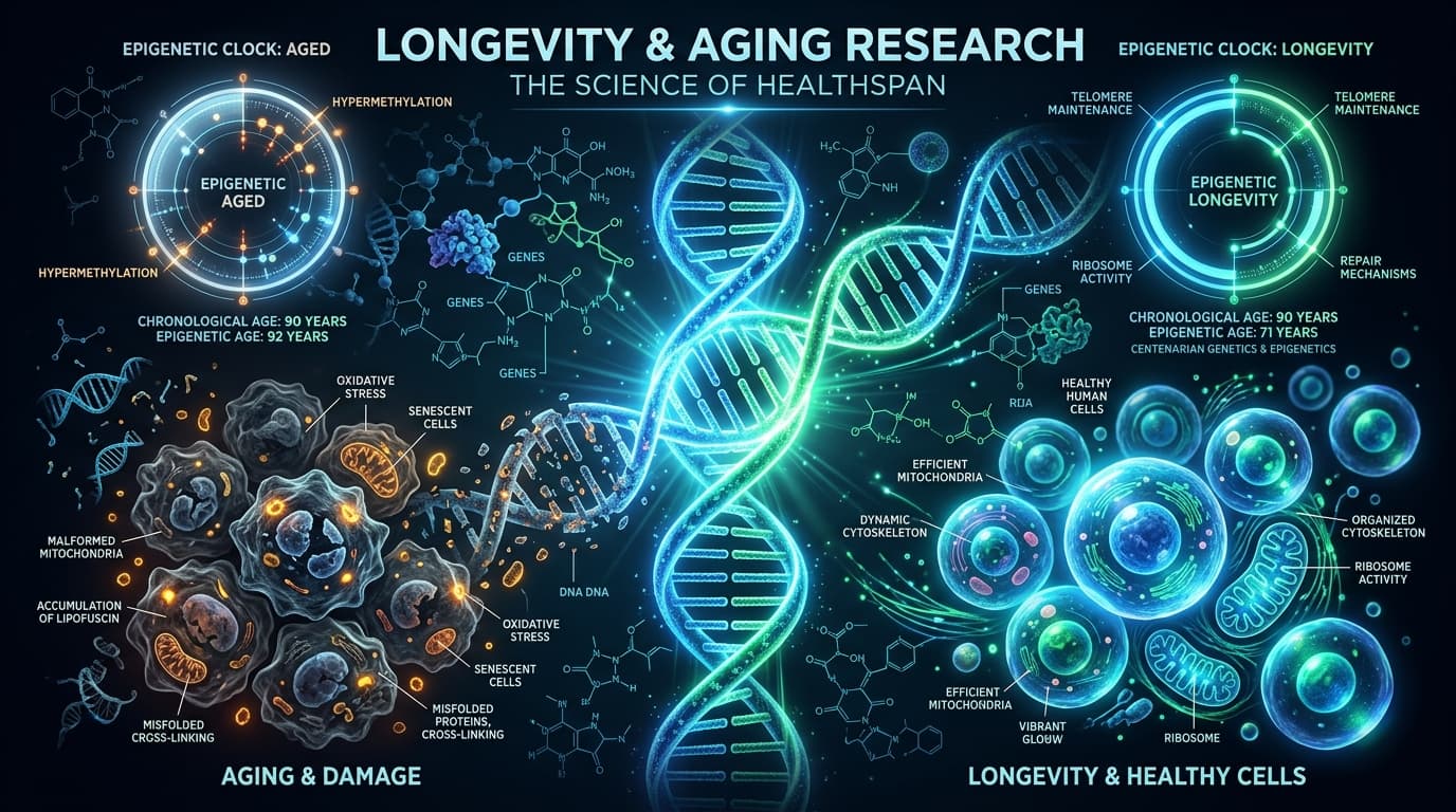 DNA double helix transforming from aging damaged cells on left to vibrant healthy cells on right — MOTS-c longevity and Okinawan centenarian genetics visualization