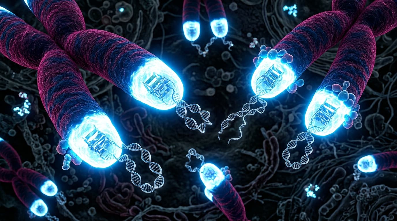 Human telomeres glowing at chromosome ends with blue-white light — DNA double helix telomere caps for longevity research