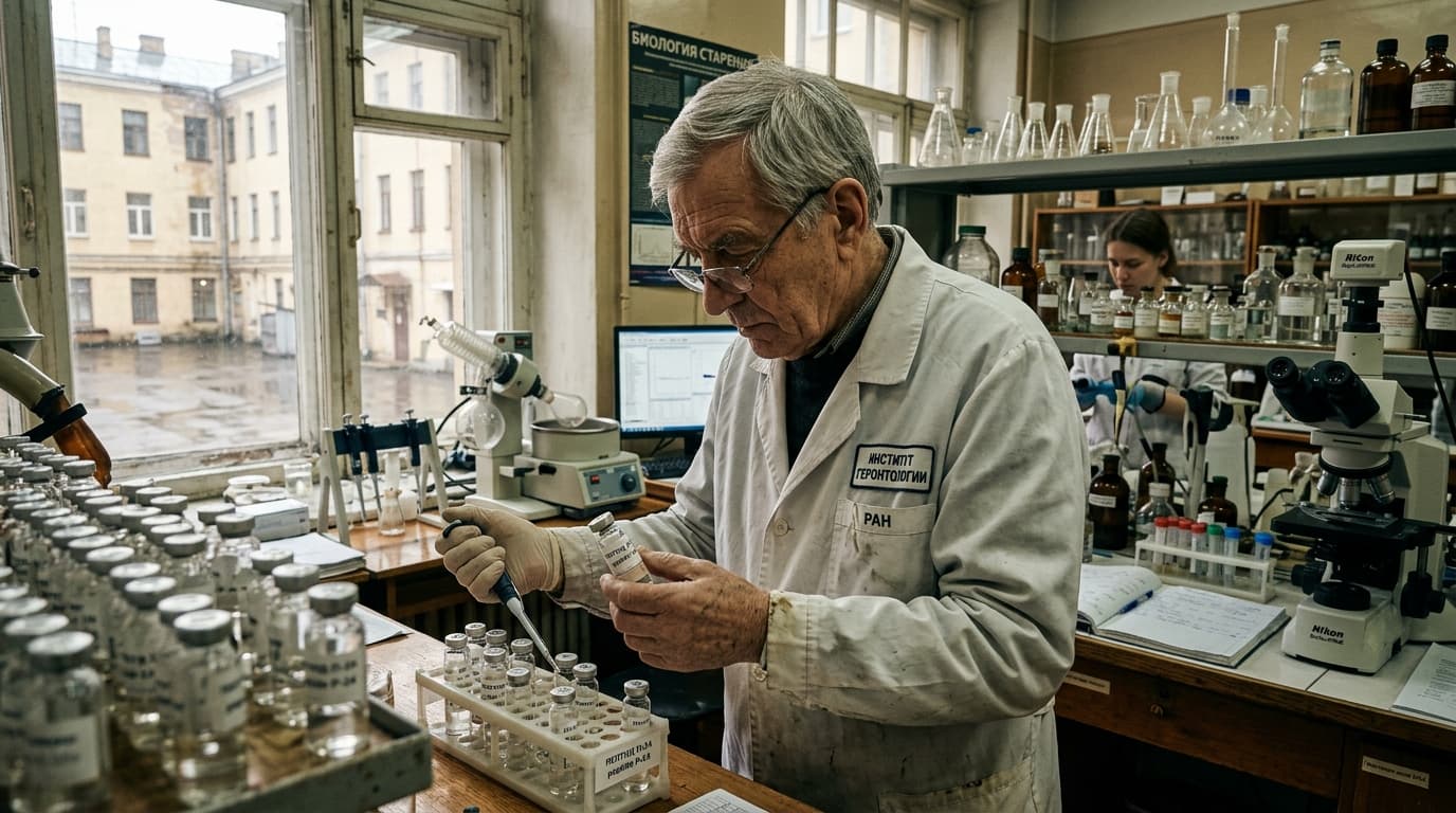 Scientist examining peptide vials in biogerontology laboratory — Epithalon research peptide development