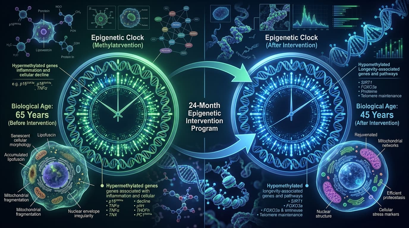 Epigenetic clock visualization showing DNA methylation patterns and biological age reversal — Epithalon CpG methylation mechanism