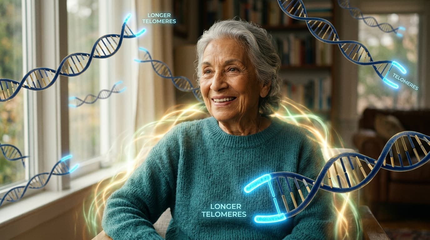 Vibrant healthy older woman with cellular energy visualization — longevity and telomere length anti-aging concept