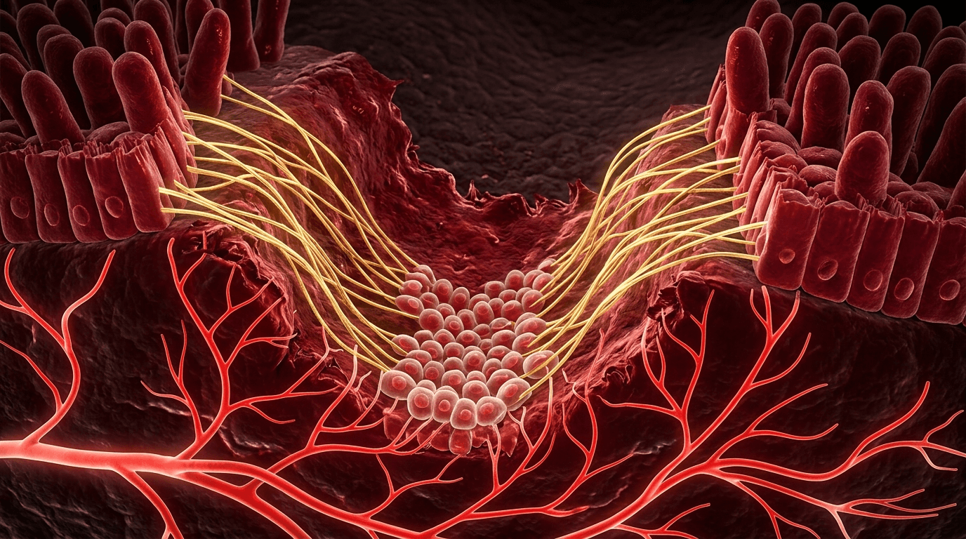 Gastric mucosa tissue healing with golden repair proteins bridging damaged gut cells — BPC-157 gut healing mechanism visualization