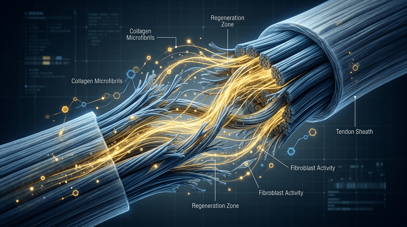 Tendon fiber collagen repair with golden healing energy knitting together torn fibers — BPC-157 tendon healing mechanism