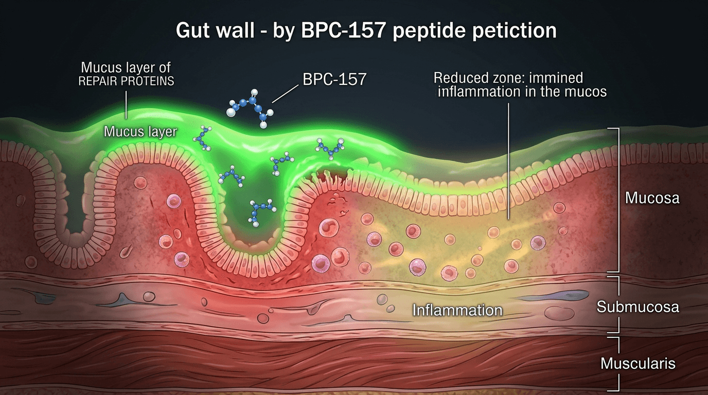 Cross-section of human gut intestinal lining with healing proteins and protective mucus layer glowing green — BPC-157 gut healing visualization