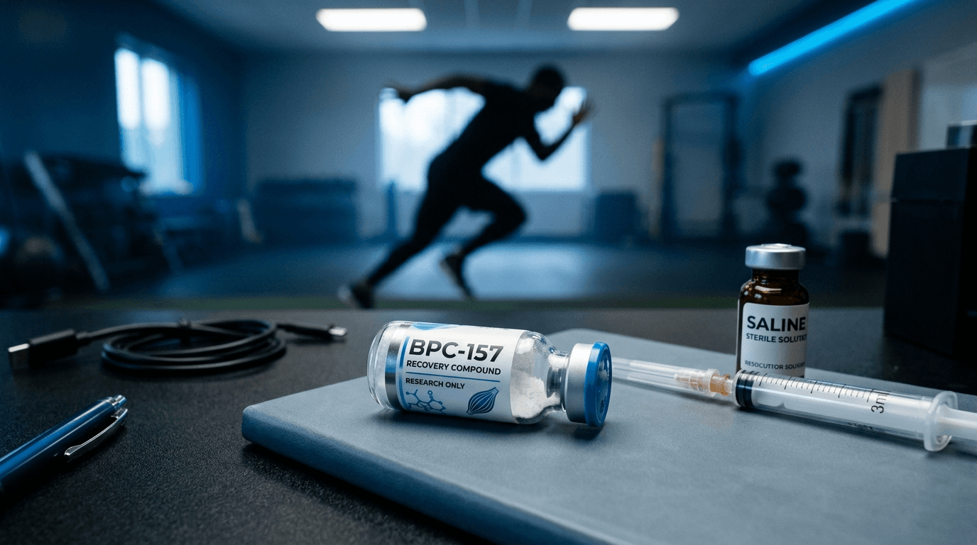 Research peptide vials with athlete silhouette in background — BPC-157 healing compound for injury recovery