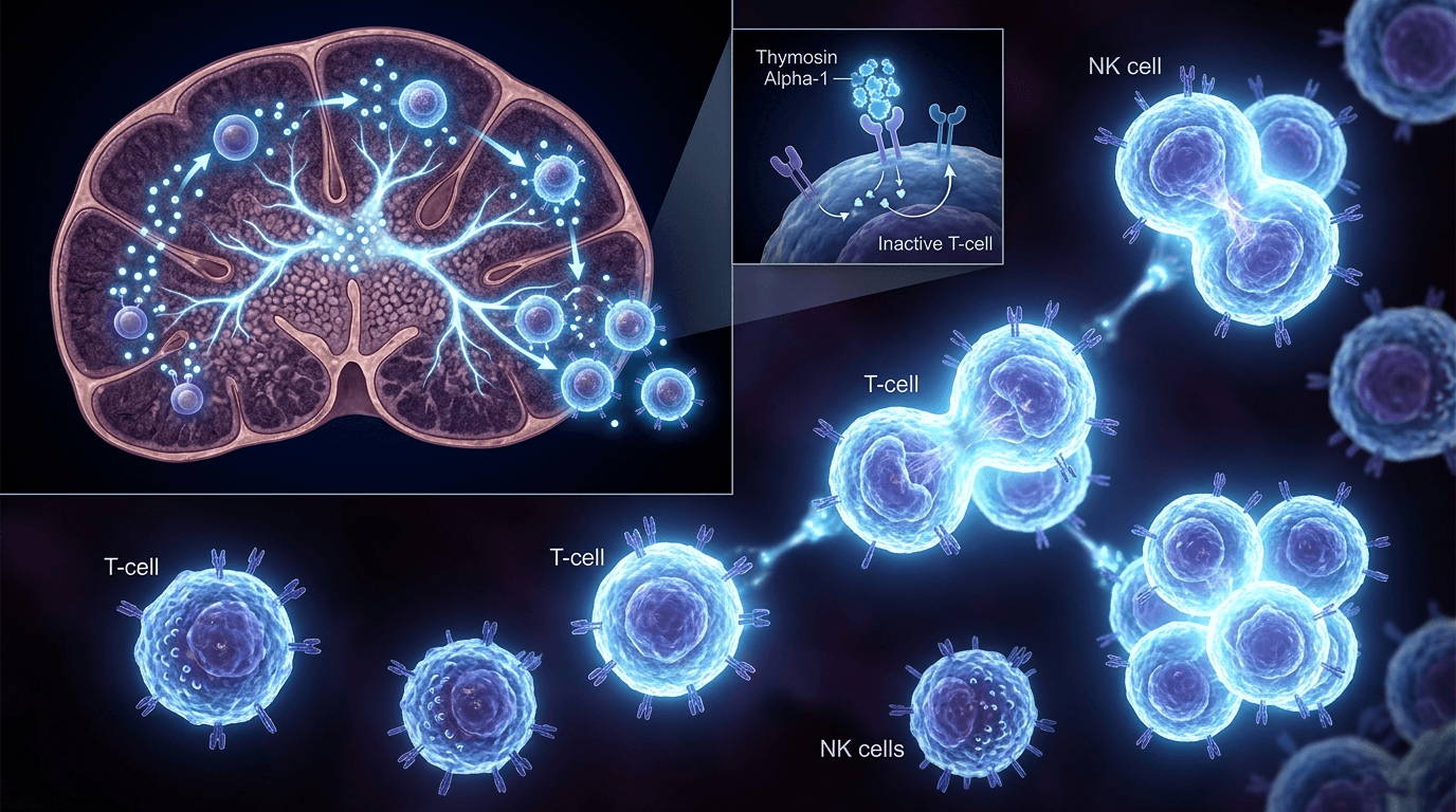 T-cells and natural killer cells glowing blue-white activating in thymus — Thymosin Alpha-1 immune activation