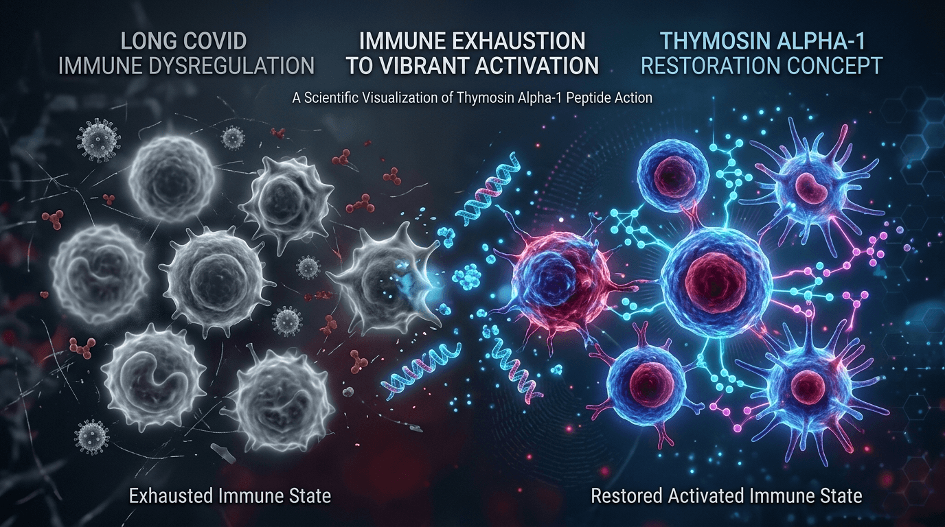 Exhausted immune cells on left transforming into vibrant activated immune cells on right — Thymosin Alpha-1 Long COVID immune restoration