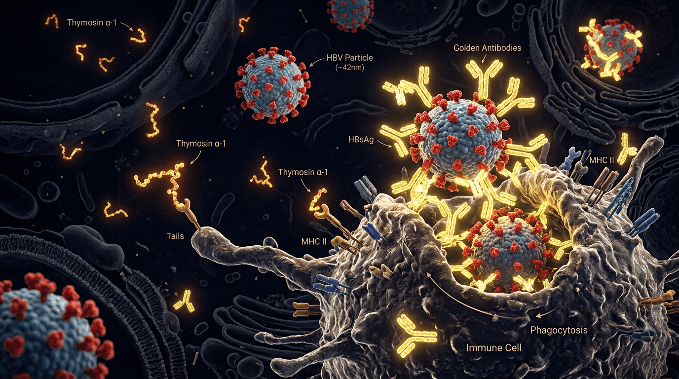 Hepatitis B virus particles being neutralized by immune cells with antiviral immune response visualization