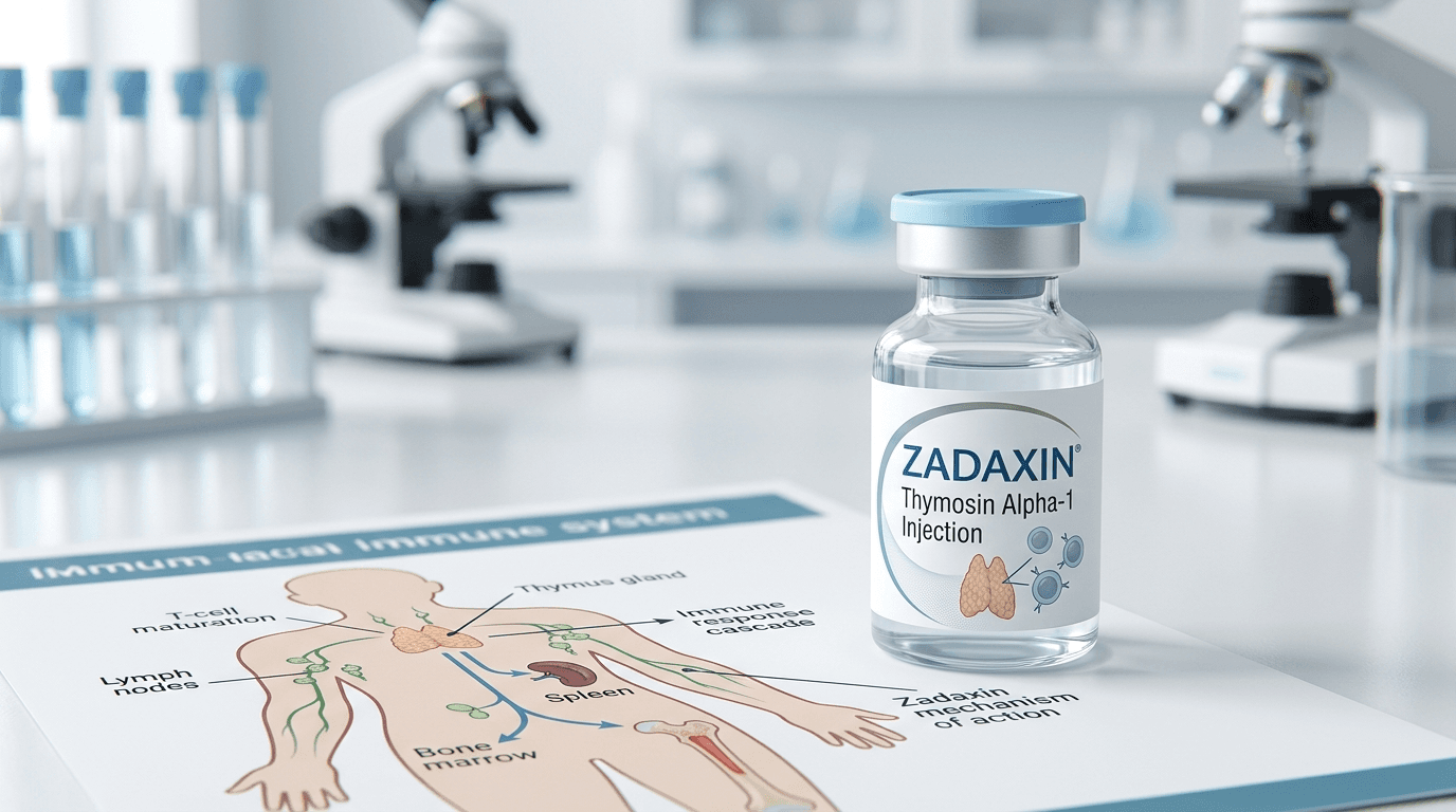 Pharmaceutical Zadaxin Thymosin Alpha-1 injection vials in clinical laboratory setting