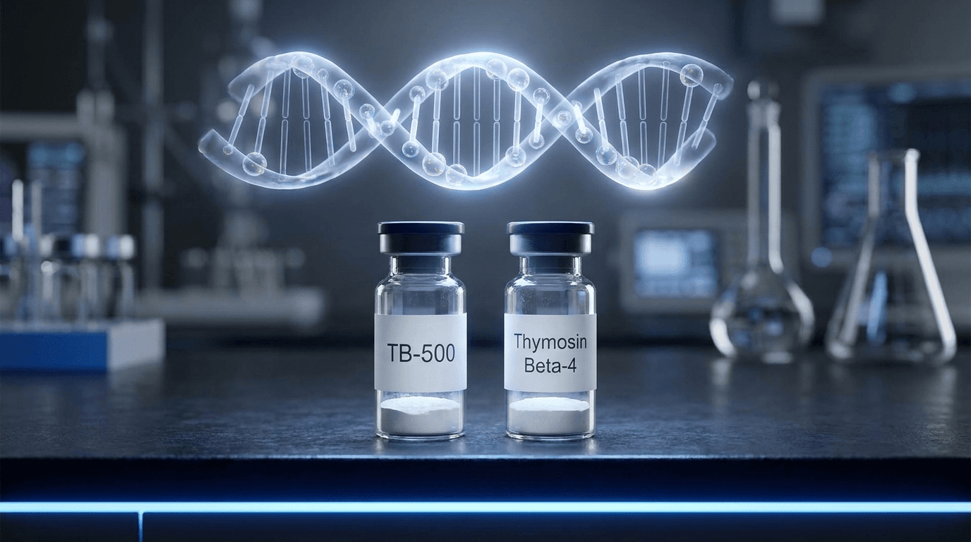 TB-500 and Thymosin Beta-4 research peptide vials on dark laboratory bench with molecular helix visualization — healing peptide research