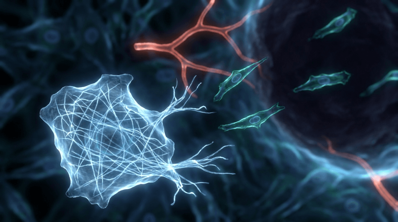 Glowing actin filament network inside healing cell with fibroblast migration and angiogenesis — TB-500 thymosin beta-4 actin sequestration mechanism visualization