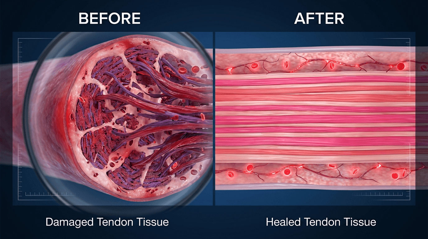 Tendon tissue healing before and after comparison — damaged torn collagen fibers with inflammation on left, organized healed collagen with new vasculature on right
