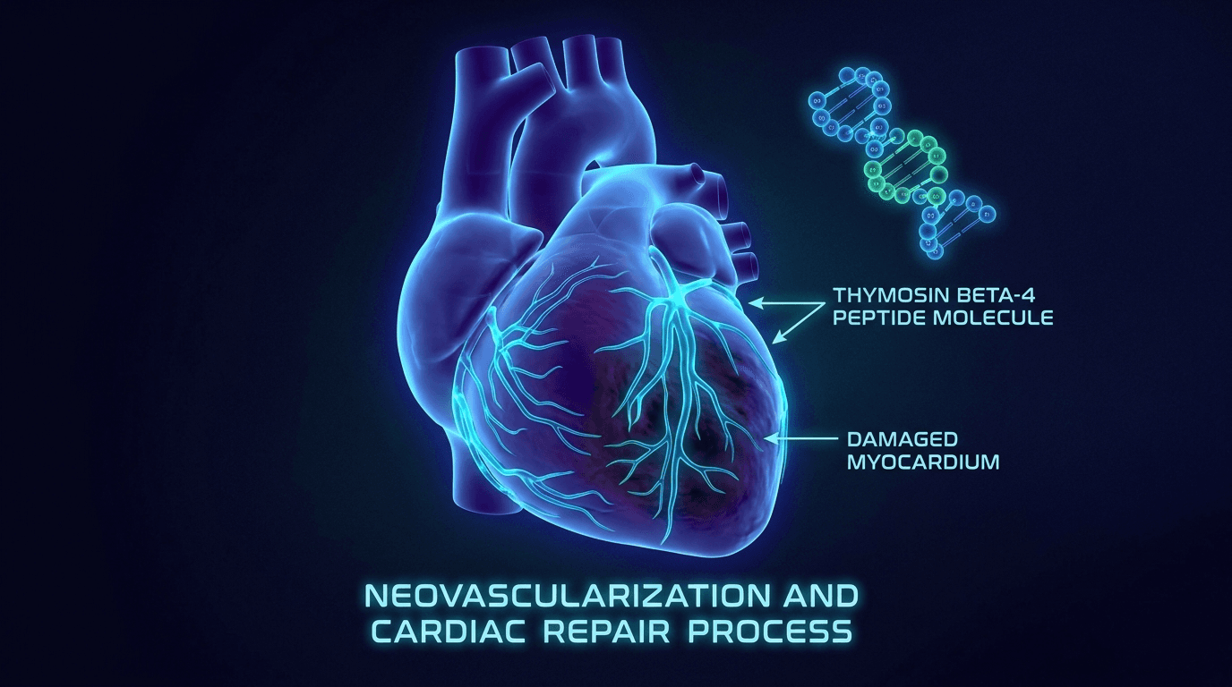 Human heart with glowing cyan-blue network of new blood vessels growing across damaged myocardial tissue — thymosin beta-4 cardiac neovascularization and repair