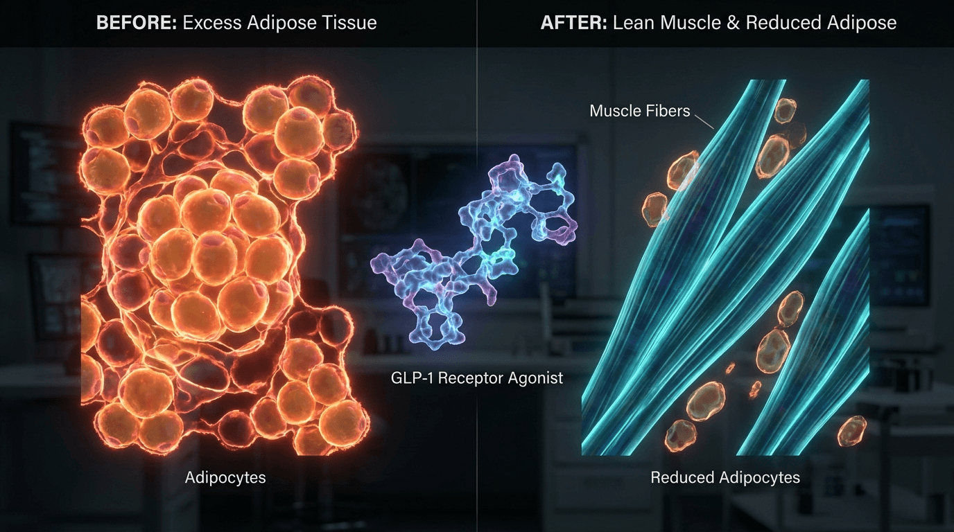 Split visualization comparing adipose tissue reduction — GLP-1 receptor agonist mechanism before and after