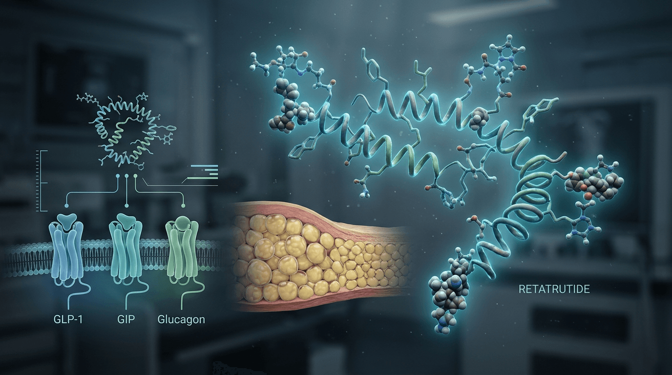 Retatrutide triple receptor agonist mechanism — GLP-1, GIP, and glucagon receptor binding molecular visualization