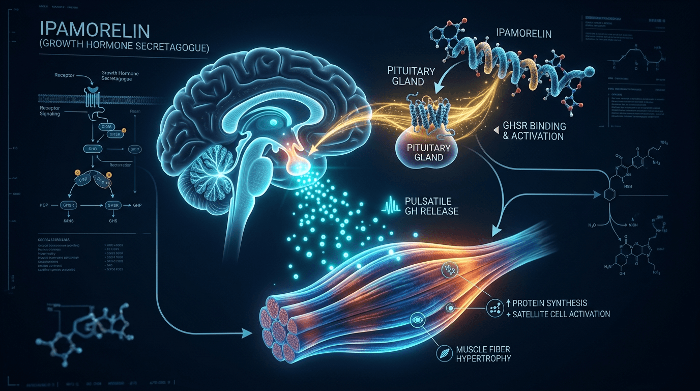 Ipamorelin peptide pituitary gland growth hormone release mechanism cyan bioluminescent visualization