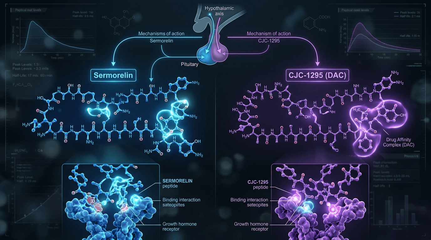 Sermorelin vs CJC-1295 peptide comparison split molecular visualization pituitary axis blue purple