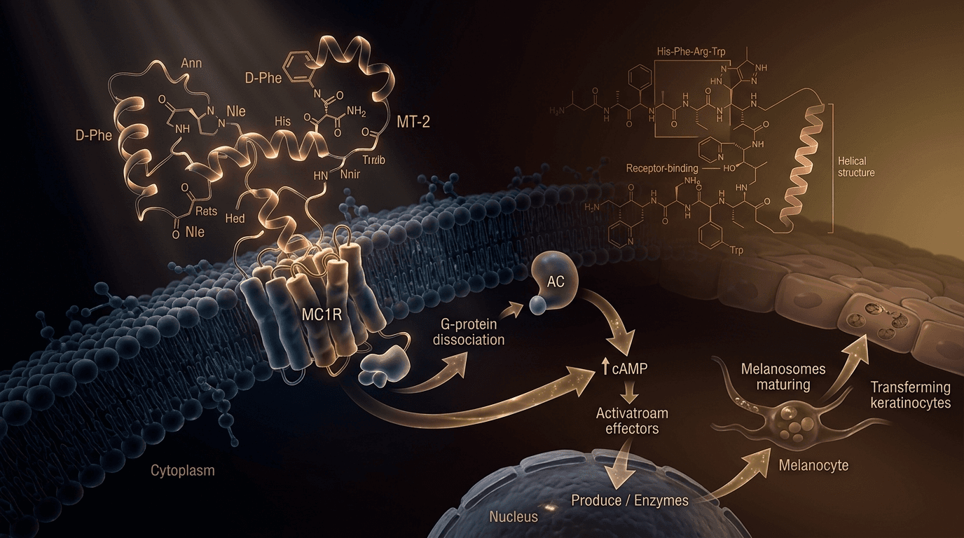 Melanotan II MT-2 melanocortin receptor peptide tanning skin pigmentation mechanism scientific visualization