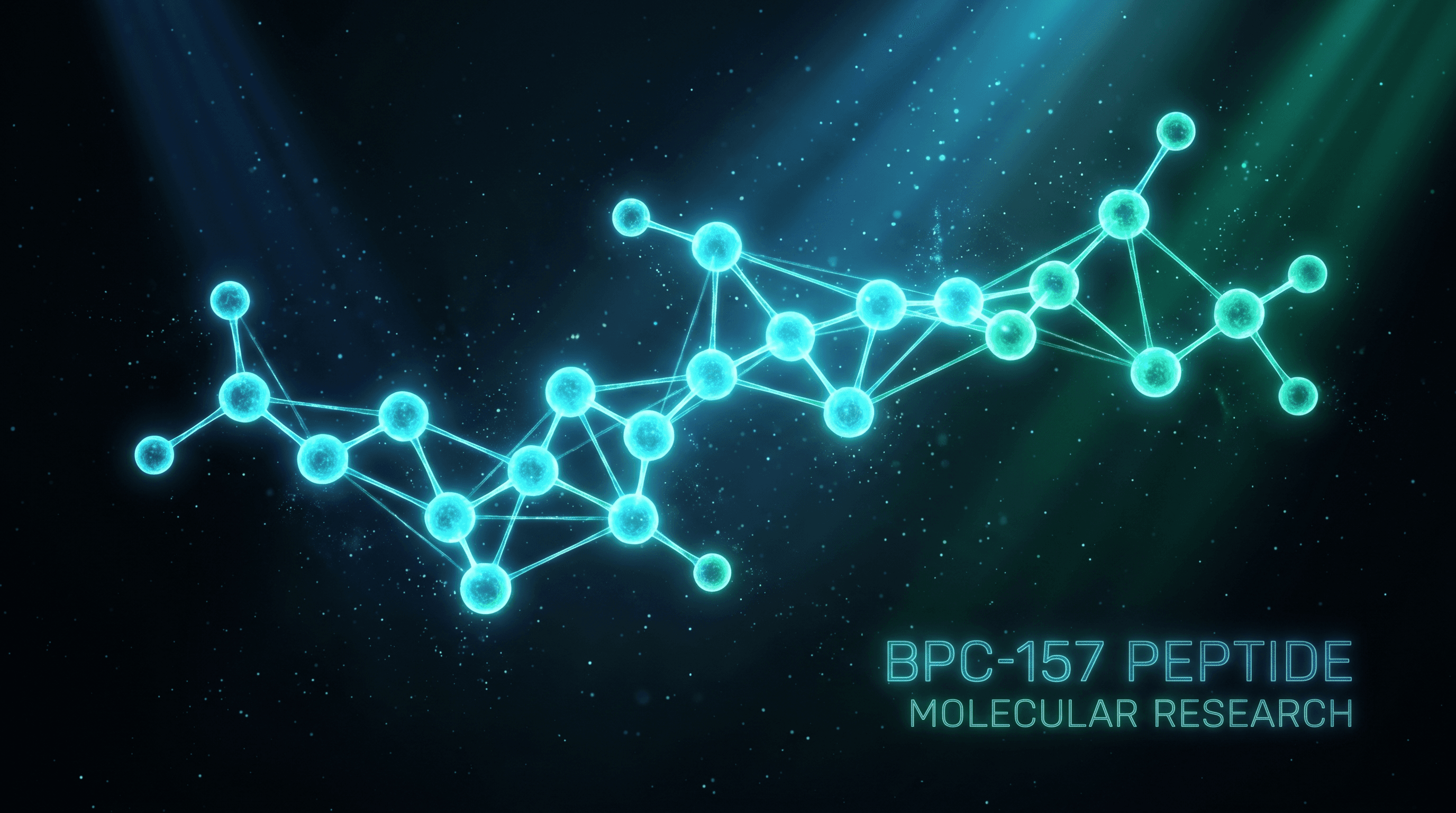 BPC-157 molecular peptide structure visualization with blue-glowing amino acid chain and tissue repair imagery — body protective compound research