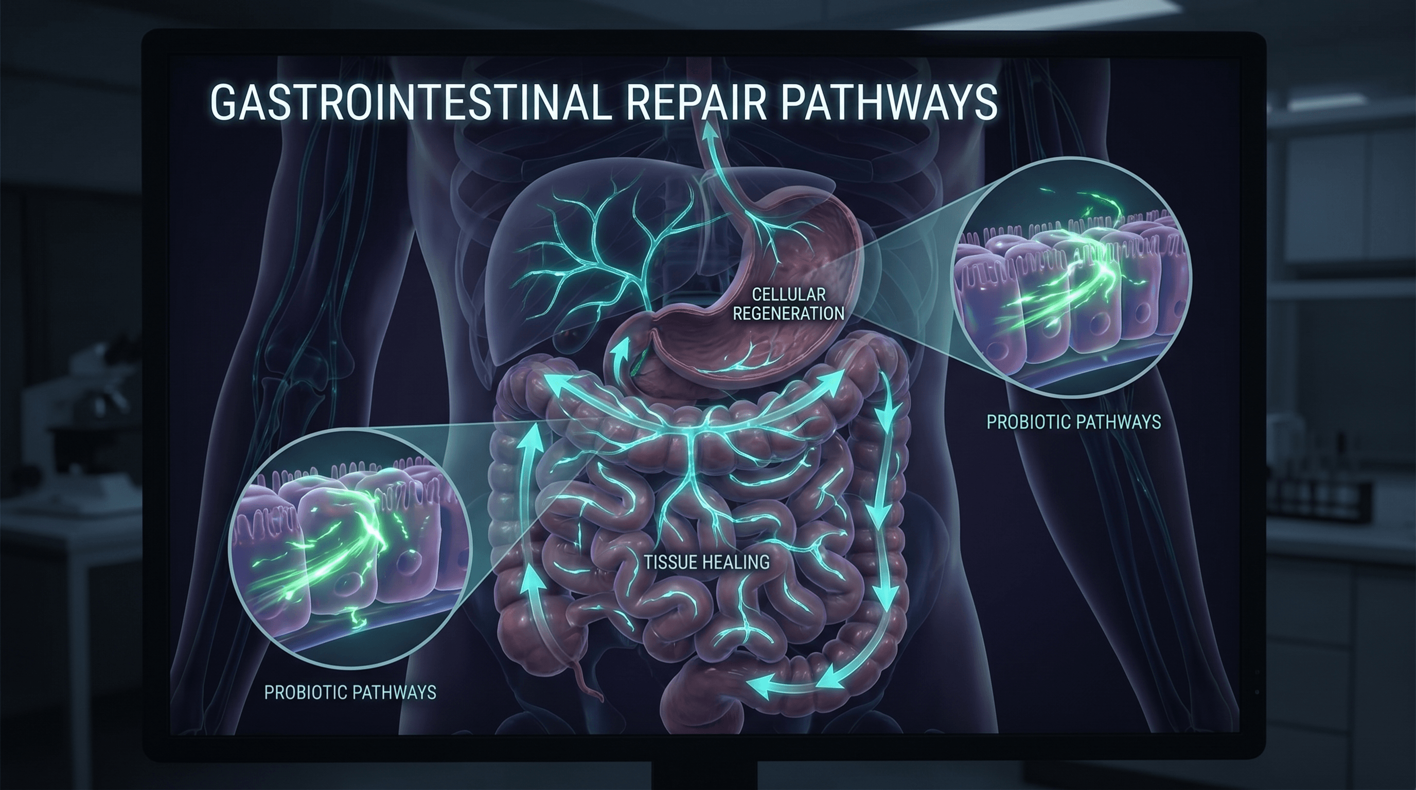 BPC-157 gut healing pathway — human gastrointestinal tract with peptide protective activity visualization