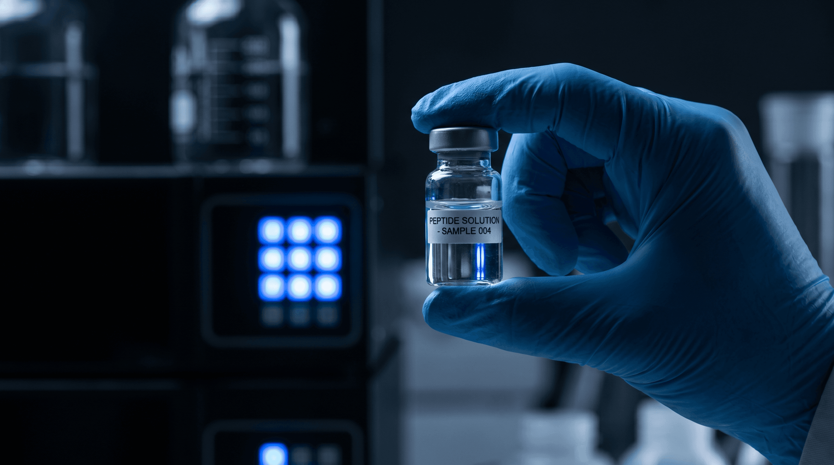 BPC-157 research peptide vials in laboratory setting — lyophilized white powder in glass vials ready for reconstitution