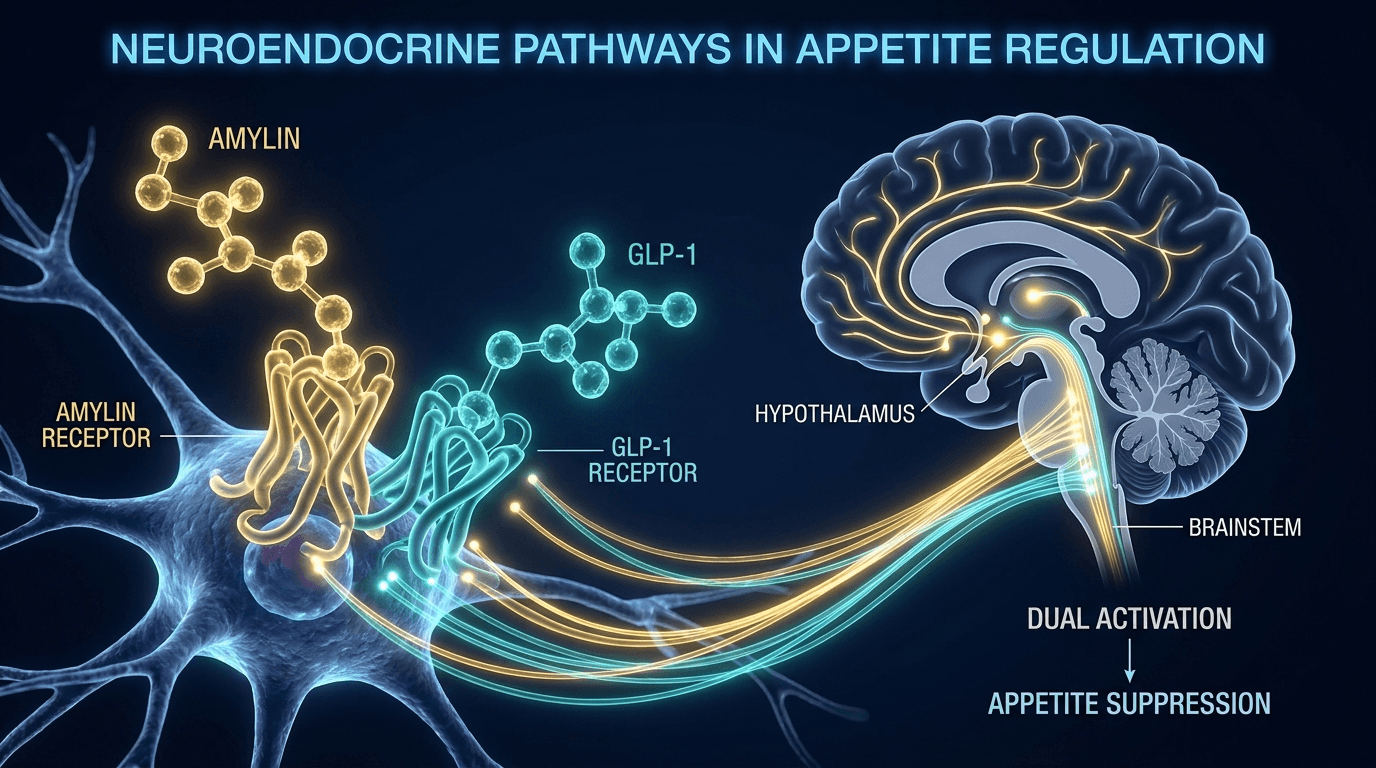 Amylin and GLP-1 receptor dual pathway illustration showing brainstem and hypothalamus activation — teal and gold molecular visualization on dark navy background