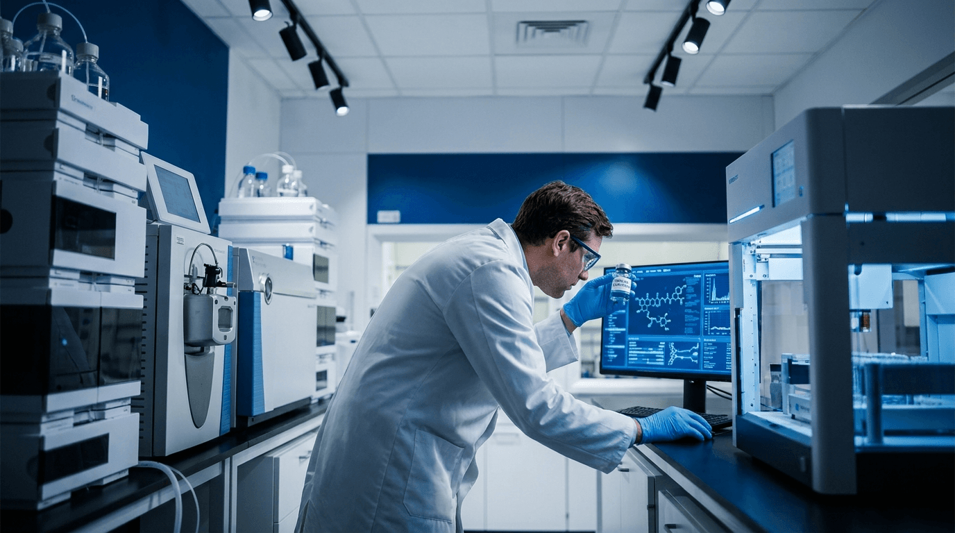 Scientist in modern pharmaceutical research laboratory examining peptide vial surrounded by HPLC equipment and molecular data screens