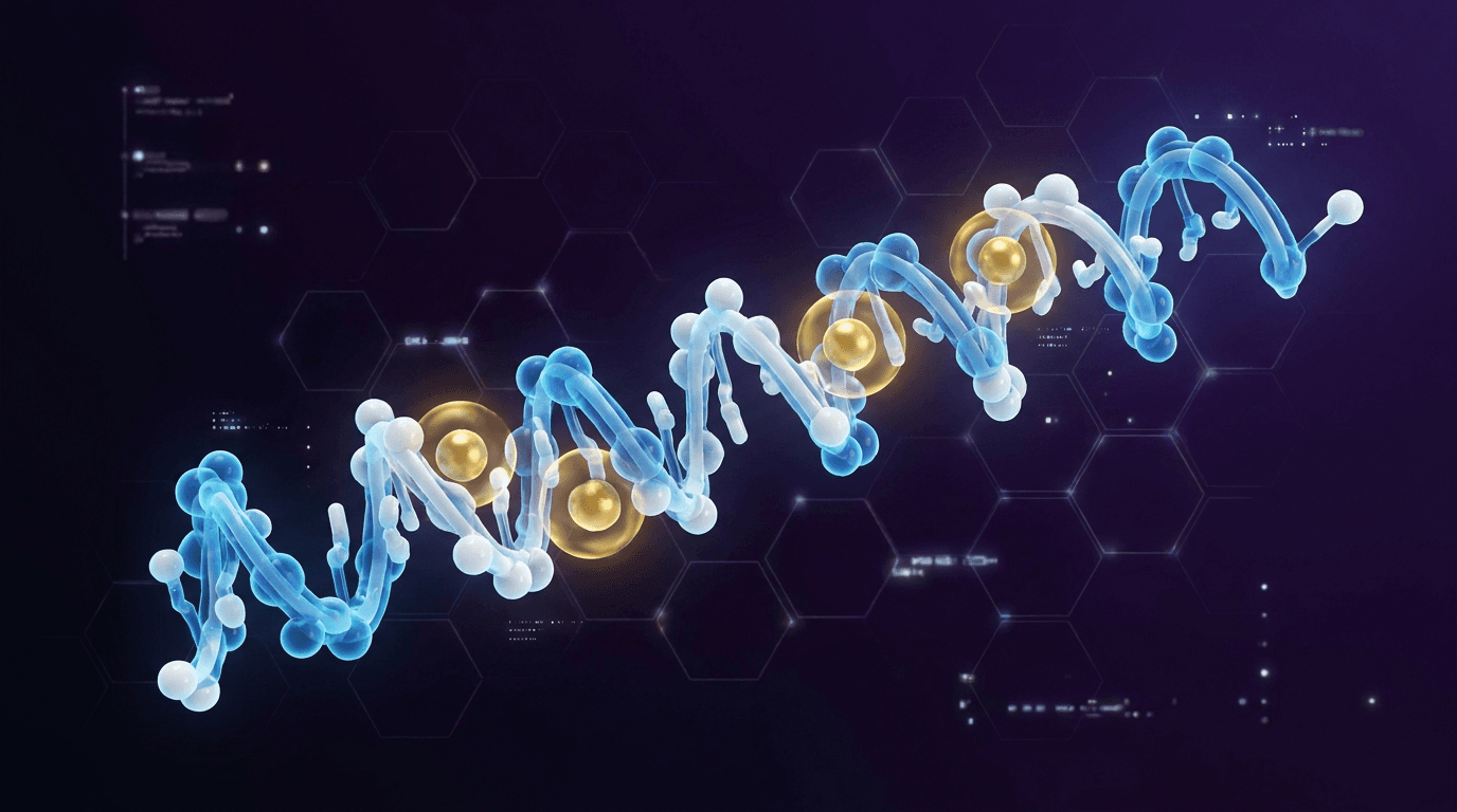 Cagrilintide molecular structure visualization — long-chain peptide helix with glowing receptor binding sites in gold against dark background