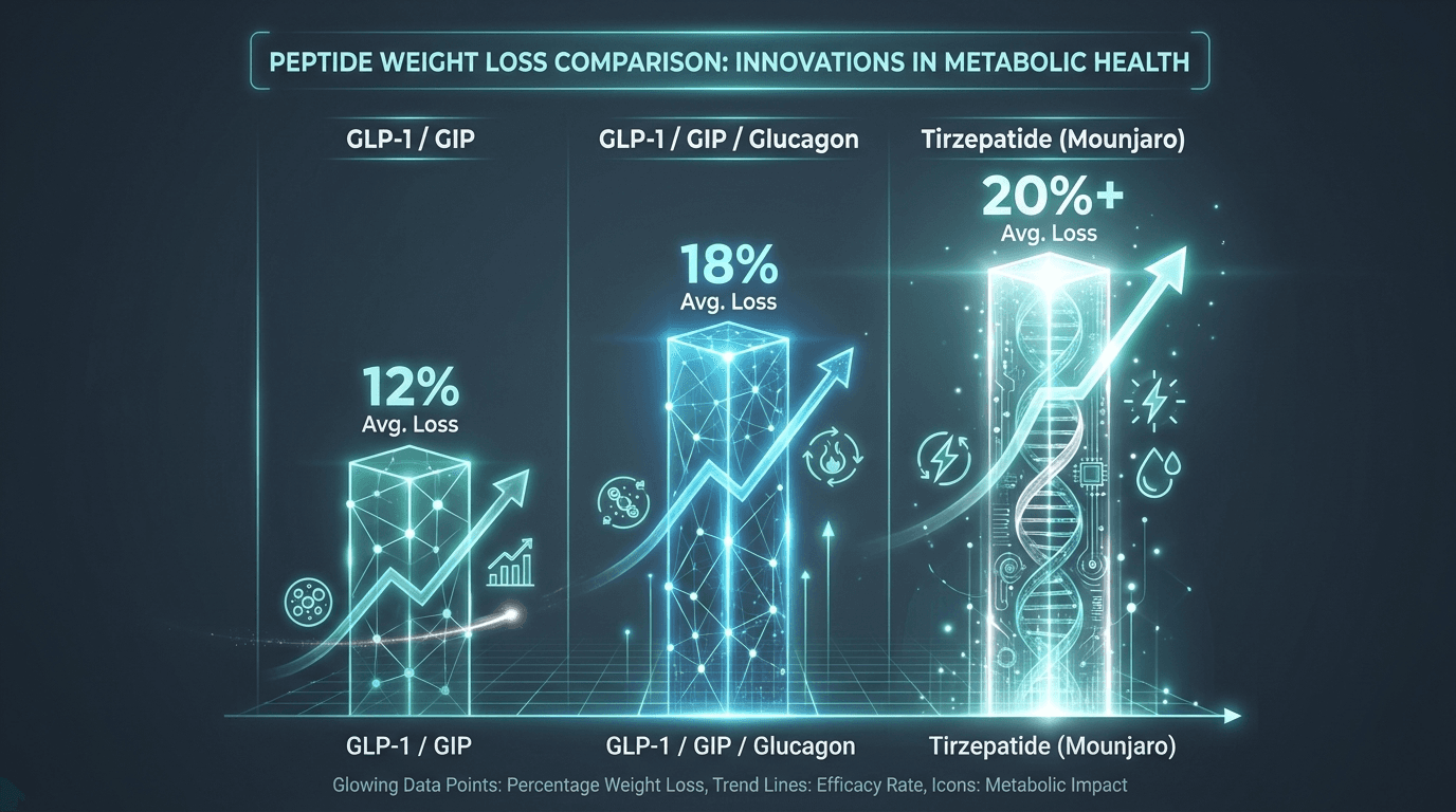 Data visualization showing rising weight loss comparison bars across peptide therapy generations — teal and white infographic on dark slate background