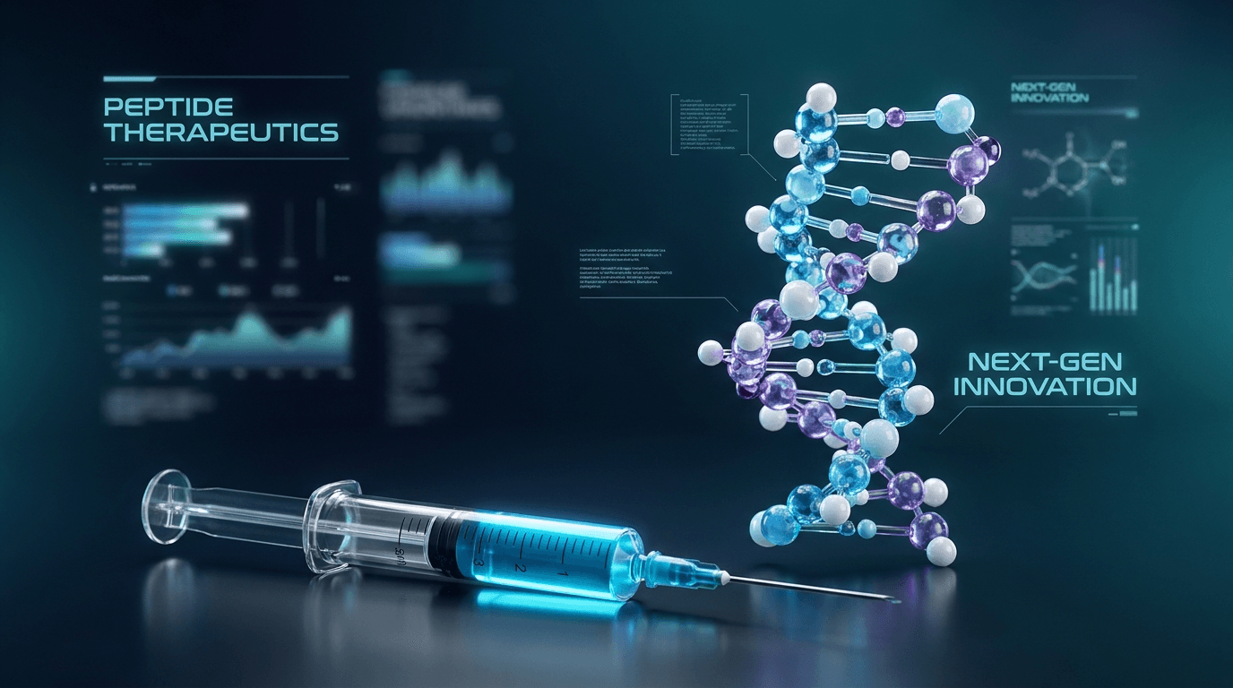 Next-generation weight loss peptide research — syringe with glowing blue liquid beside molecular peptide chain structure on deep navy background