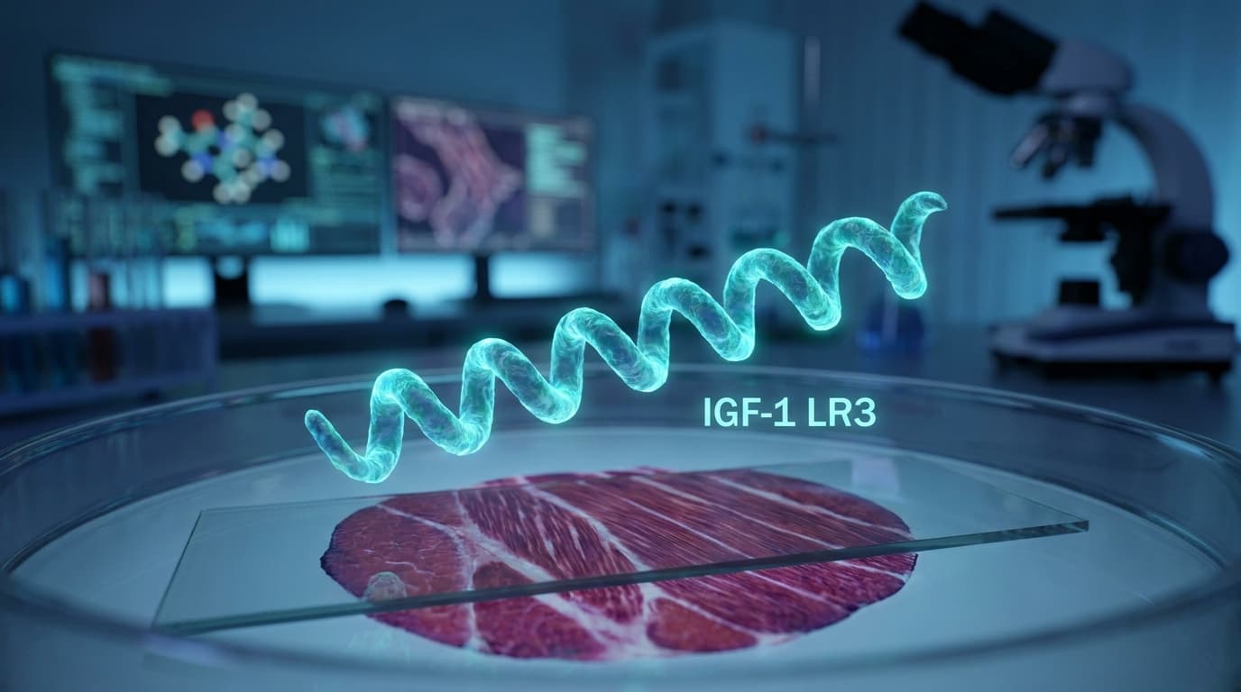 Scientific visualization of IGF-1 LR3 peptide molecular structure with glowing amino acid chains binding to skeletal muscle cell IGF-1 receptors