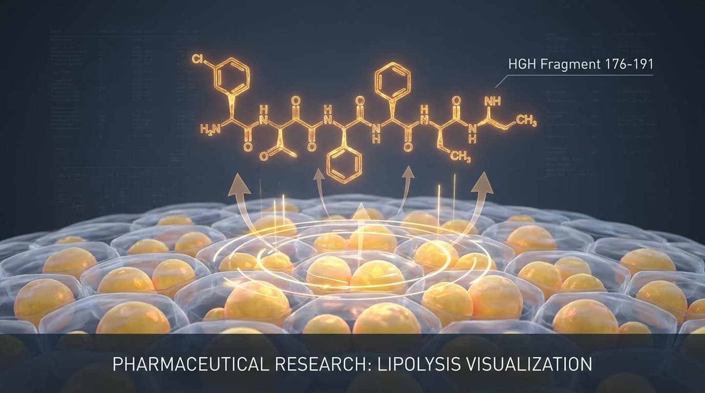 Scientific visualization of HGH Fragment 176-191 peptide structure with glowing molecular chains targeting adipose tissue fat cells for lipolysis