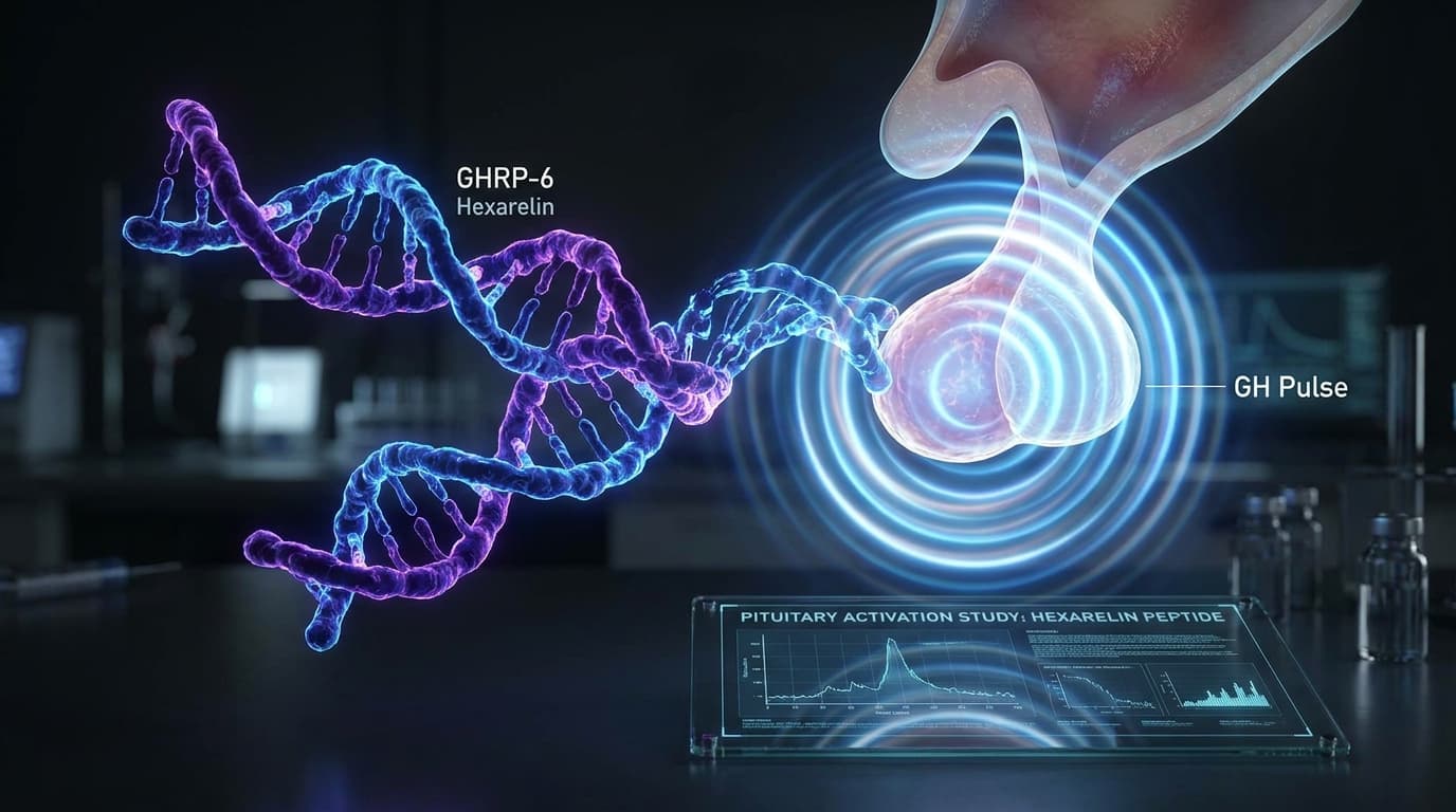 Scientific illustration of Hexarelin hexapeptide binding to GHSR-1a receptor in pituitary gland somatotroph cell with glowing blue molecular visualization