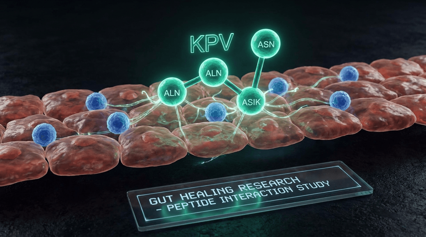 Scientific visualization of KPV tripeptide molecular structure with NF-kB inflammatory pathway inhibition and intestinal epithelial cells