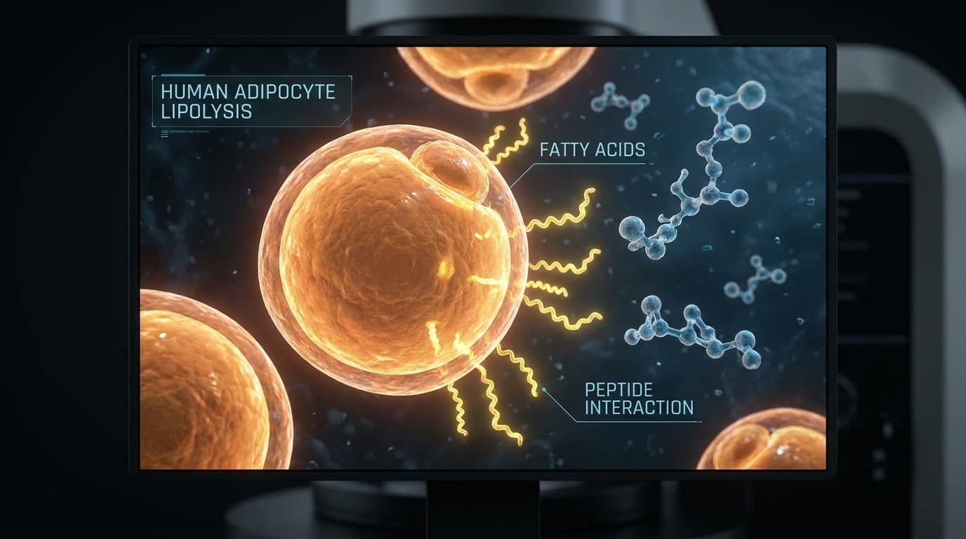 Scientific diagram showing adipocyte fat cell lipolysis activation with triglyceride breakdown into free fatty acids and glycerol