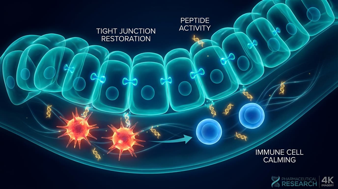 Microscopic view of intestinal epithelial cells showing PepT1 transporter active uptake of tripeptides and mucosal inflammation pathways